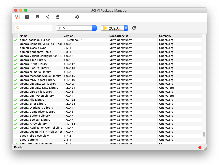 VIPM 2020 Main Package List on MacOS 